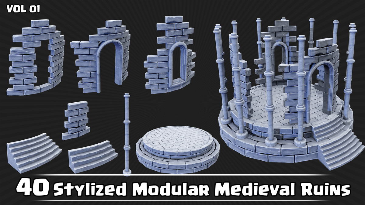 40 Stylized Modular Medieval Ruins