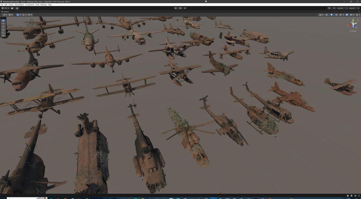 Old Abandoned Junk Rusty Aircraft and Helicopter Set 3d Game Ready Modular Props