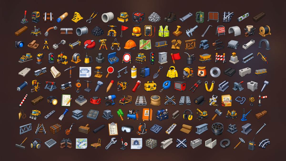 Railway Construction Track Maintenance Engineering Infrastructure Icons Pack