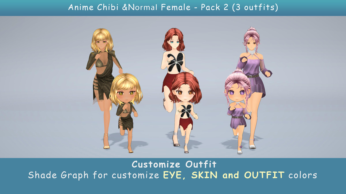 Modular Anime Female Character - Combo 2 (3 outfit)