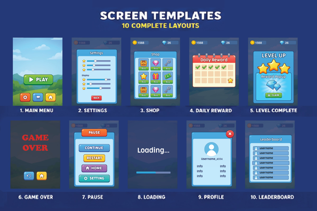Hyper Cartoon UI Kit - Mobile Game GUI Pack