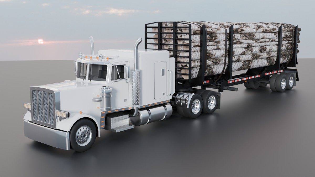 American Semi Truck + Logging Trailer | Interior, Modular, 4 Wood Log | PBR