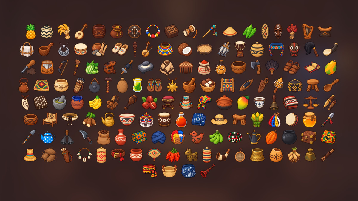 African Tribal Culture Village Crafts Weapons Food Resources Icons Pack