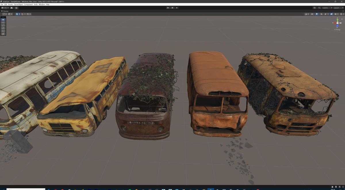 Old Abandoned Junk Rusty Vehicles 3d Game Ready Set (Car, Bus, Motorcycle, Bike)