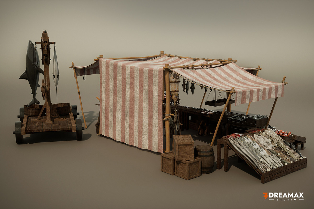 Medieval Fish Market Stalls & Seafood Display Props Pack Vol. 1