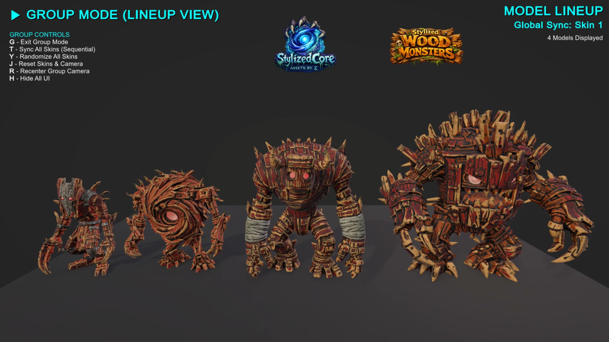 Monster Wood Pack – 4 Stylized Animated Creatures (LOD + Skins)