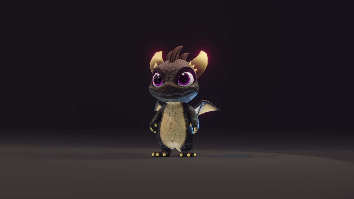 Cartoon Black Baby Dragon 3D Model (Low-Poly, Game-Ready, Animated, Built-In)