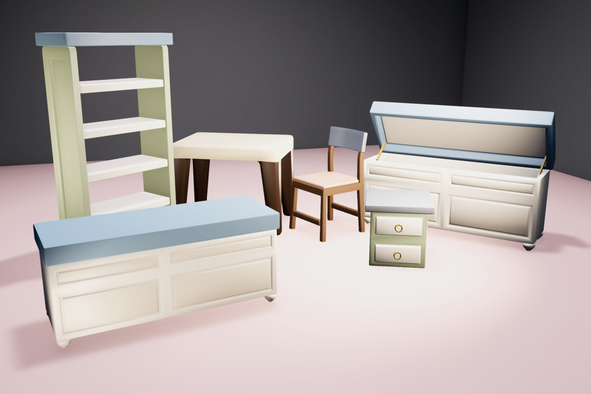 Stylized cottage furniture arranged in a cozy Unity interior