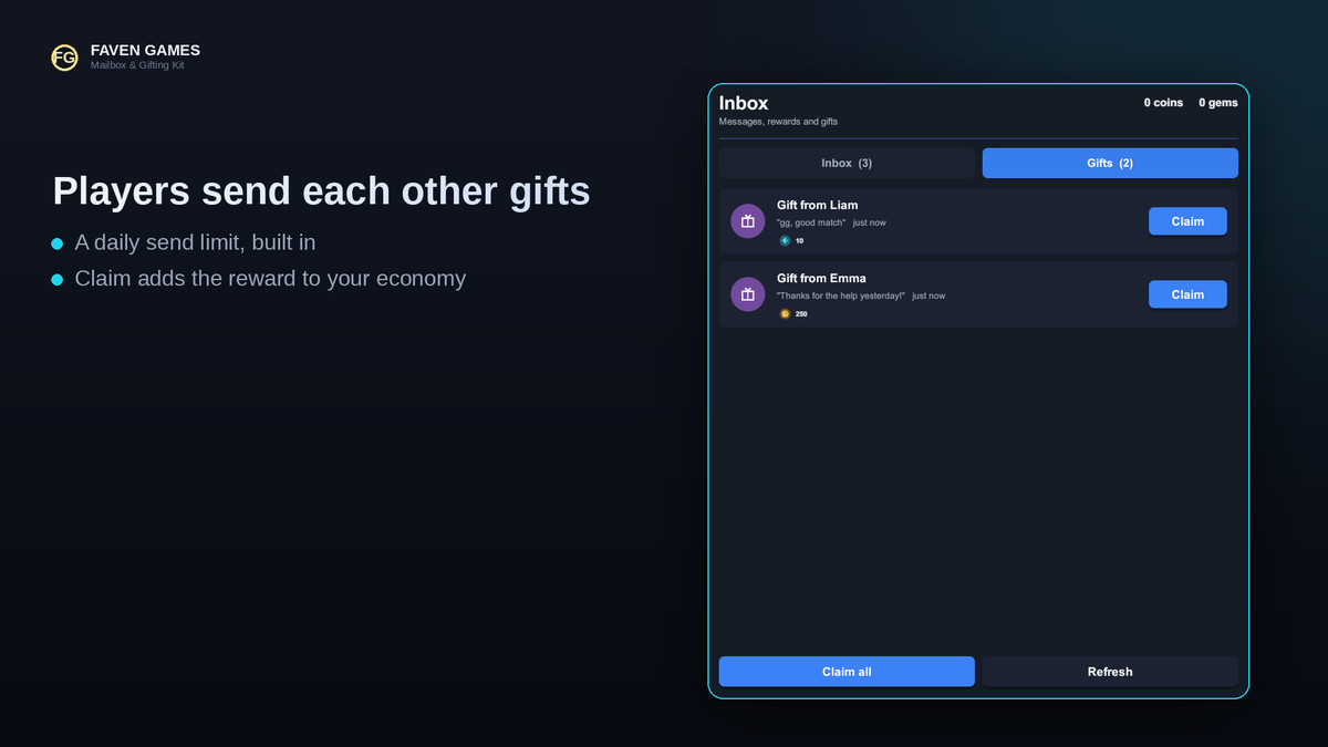 Mailbox & Gifting Kit: In-Game Inbox, Reward Delivery & Player Gifting