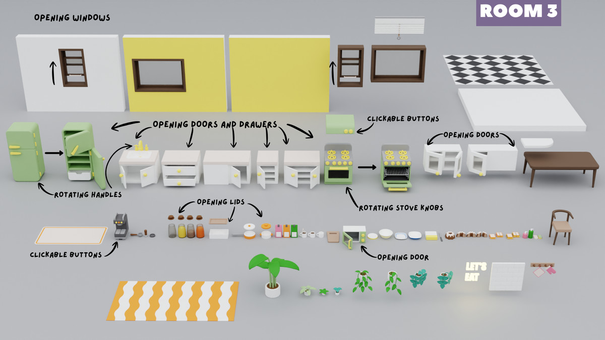 Cartoon Interactive Rooms & Furniture - Cozy Interior Pack