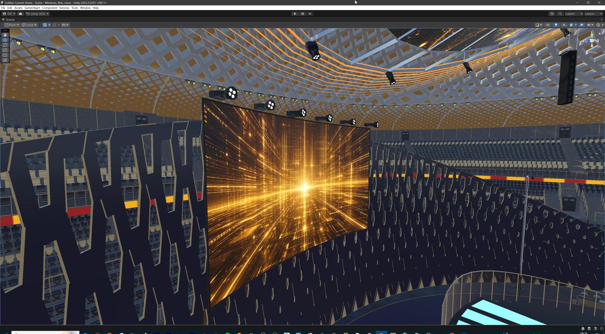 Golden Concert Arena Stadium 3D Model - Futuristic Environment with Stage, Props