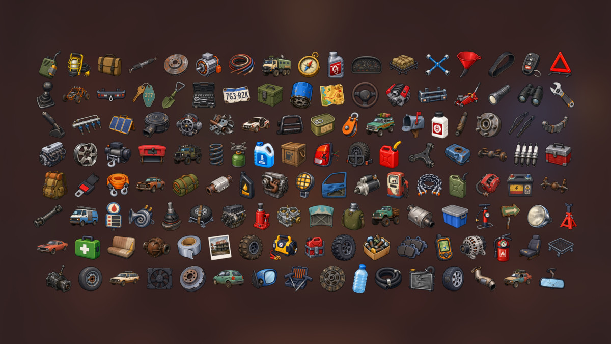 Offroad Vehicle Expedition Car Parts Repair Travel Equipment Icons Pack