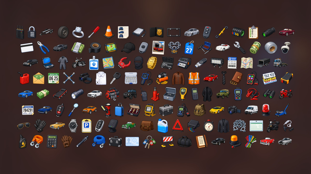 Car Theft Vehicle Security Auto Crime Valet Parking Icons Pack