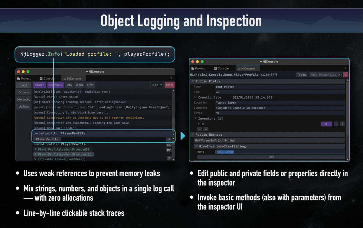 Ninjadini Debug Console, Logger & Inspector — In-Game & Editor Tools for Unity