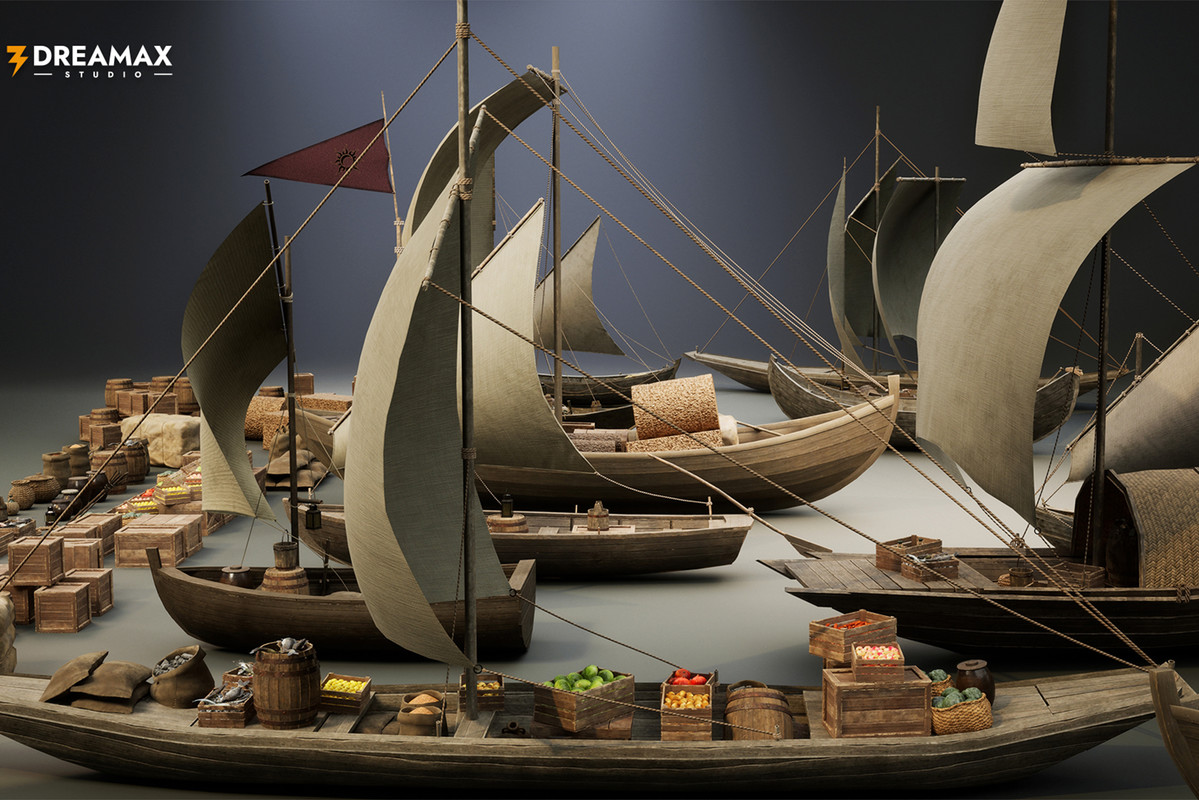Medieval Sailing Boats & Harbor Market Props Pack – Cargo, Market & Dock Assets