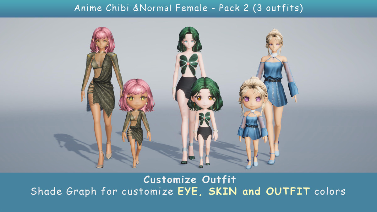 Modular Anime Female Character - Combo 2 (3 outfit)