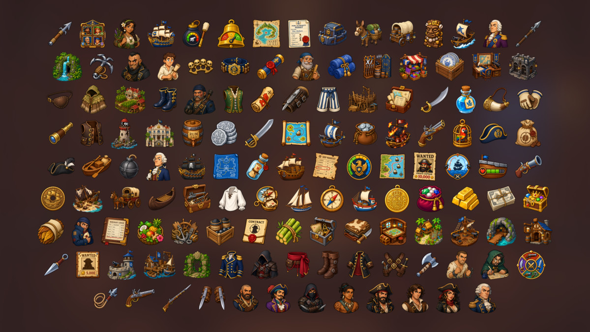 Pirate Adventure Naval Exploration Caribbean Trade Treasure Icons Pack