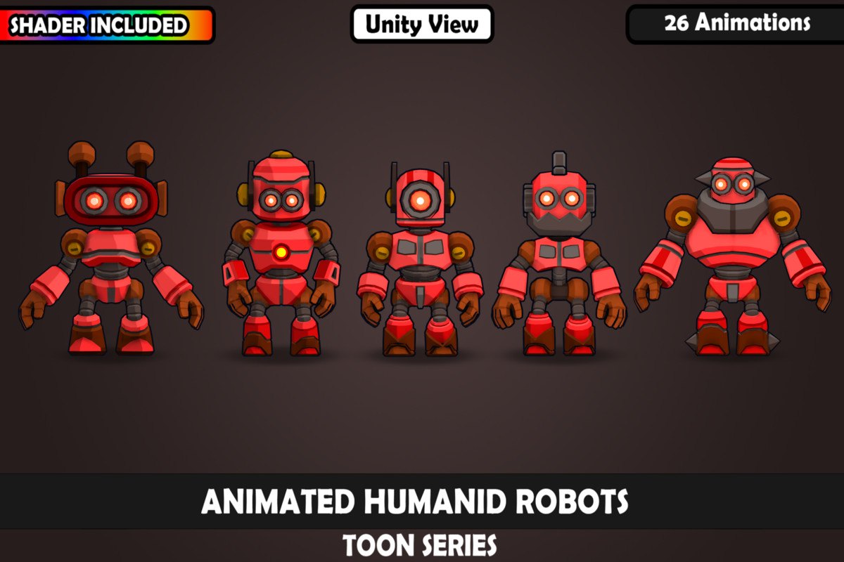 V1 Animated Toon Humanoid Robot Charcaters : 5 Characters, 26 Animations, Matcap