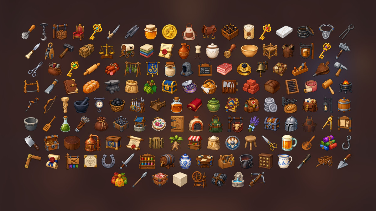 Medieval Village Kingdom Trade Crafting Economy Management Icons Pack