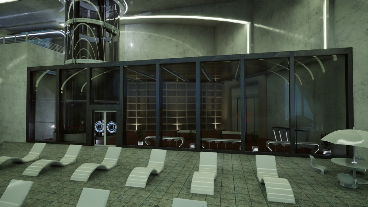 Futuristic Pool Lounge – Luxury Sci-Fi Environment