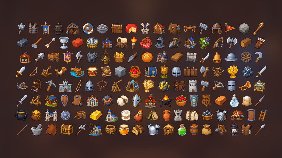Medieval Kingdom Warfare Siege Buildings Resources Crafting Icons Pack