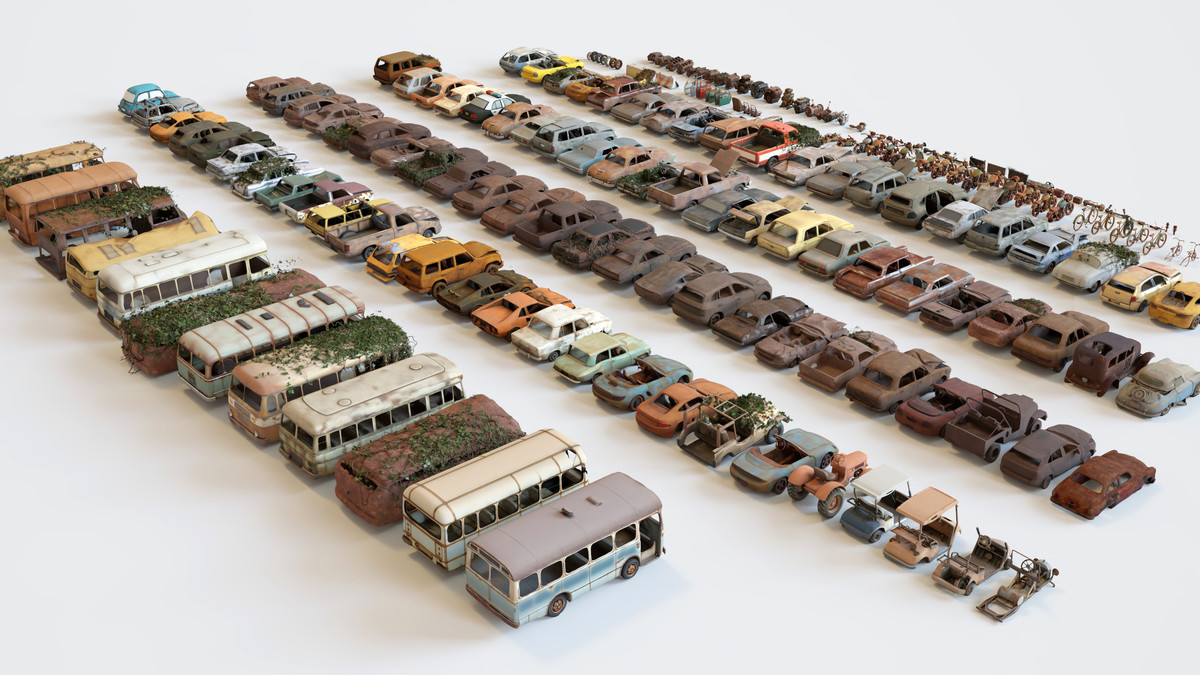 Old Abandoned Junk Rusty Vehicles 3d Game Ready Set (Car, Bus, Motorcycle, Bike)